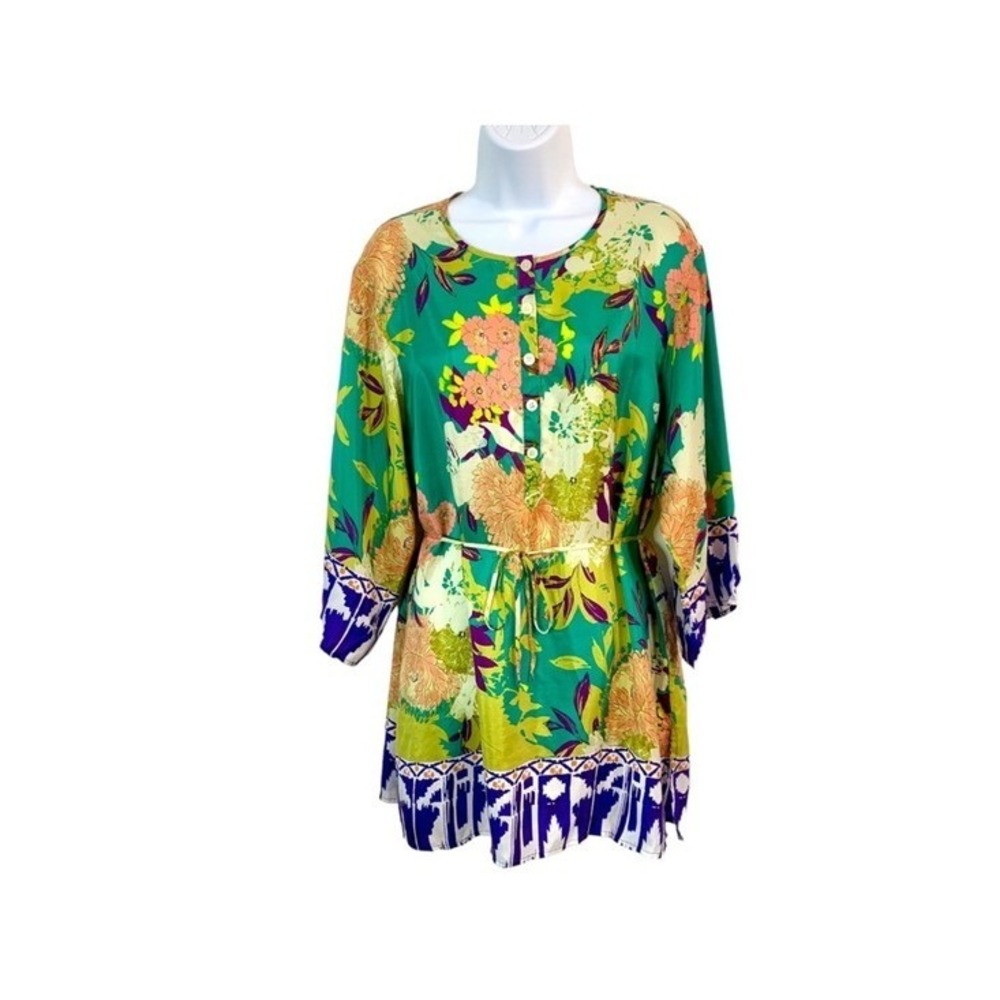 Cabi Silk Floral Ikat Tunic Top Green Purple Orange Style 812 Size L